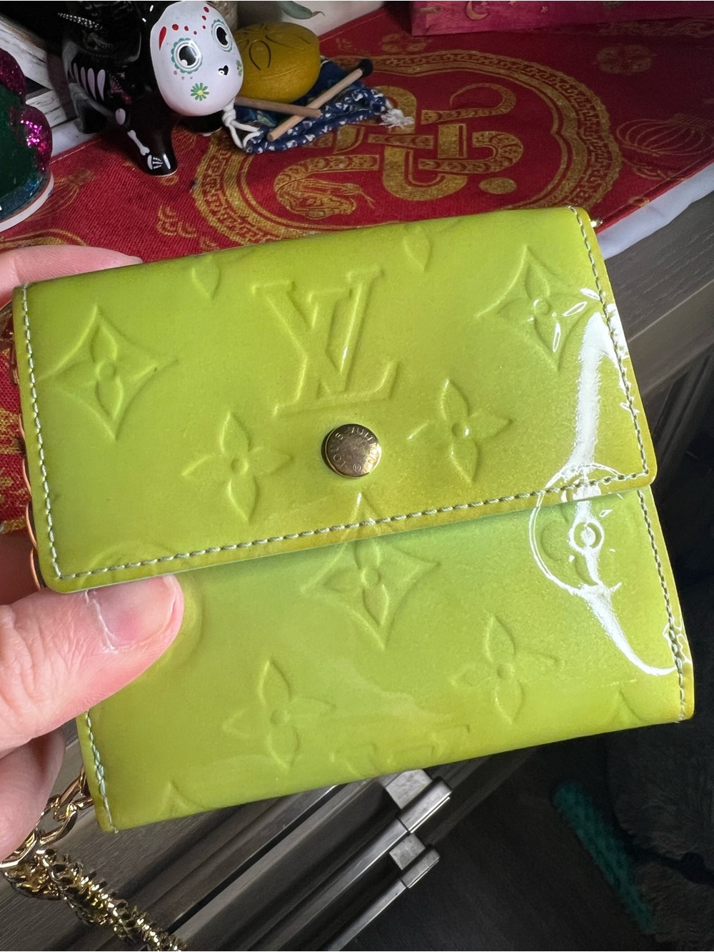 Louis Vuitton Vernis Lime Green Wallet + Gold Chain Crossbody
